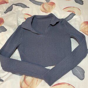 Blue V Neck Women's Cropped Sweater Long sleeve S